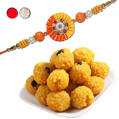 "Zardosi Rakhi - ZR-5250 A (1 RAKHI), 500gms of Laddu Sweets - Click here to View more details about this Product